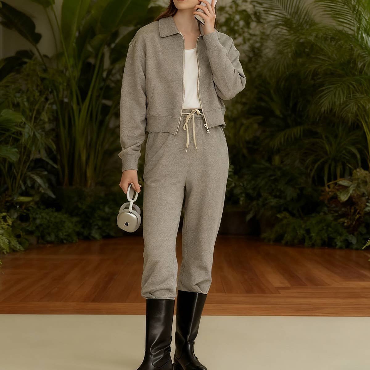 Casual lapel top sweatpants and sportswear set