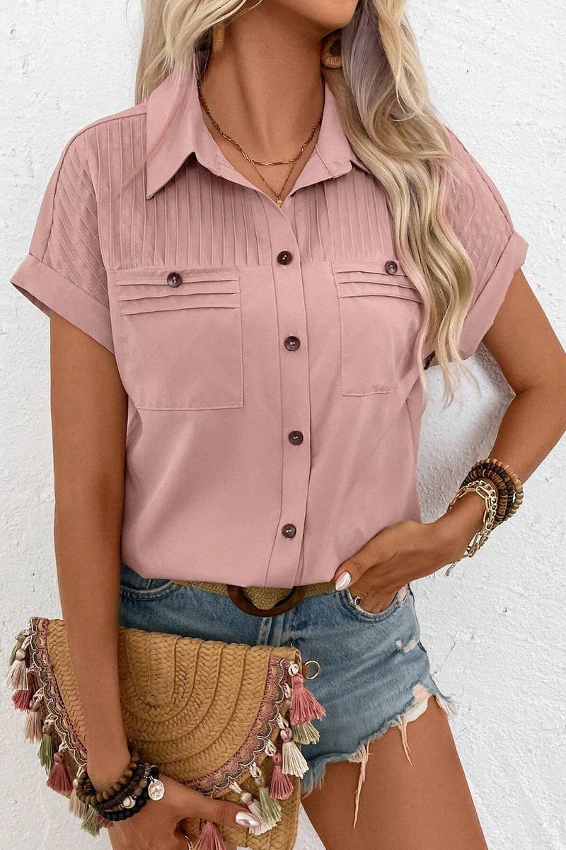 CWTSTS0680_SOLID COLOR LAPEL PLEATED RAGLAN SHORT SLEEVE TOP