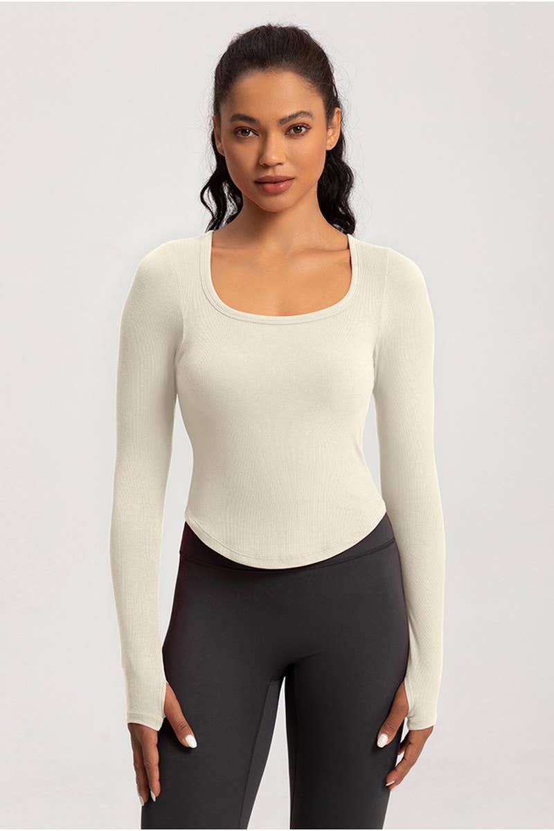 CWTBLL2940_SQUARE NECK TIGHT LONG SLEEVE PADDED FITNESS TOP