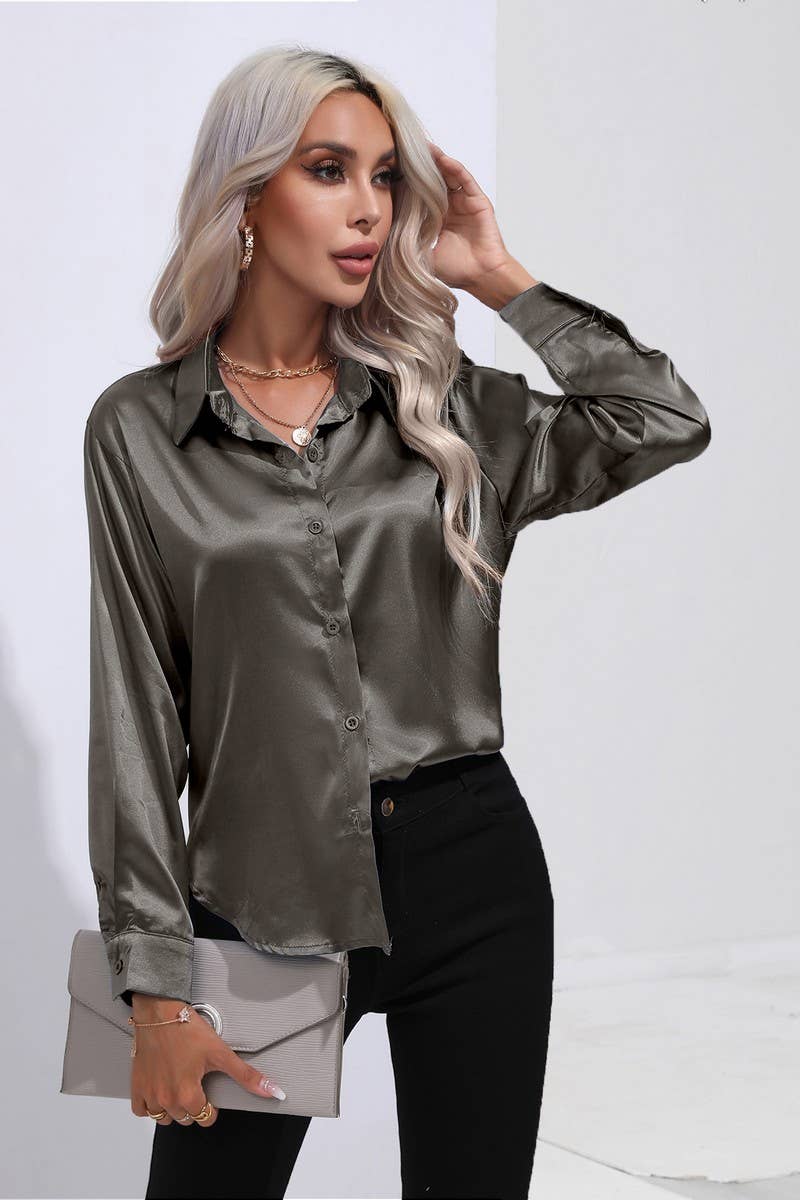 CWTBLL0690_Button Down Silky Satin Long Sleeve Top