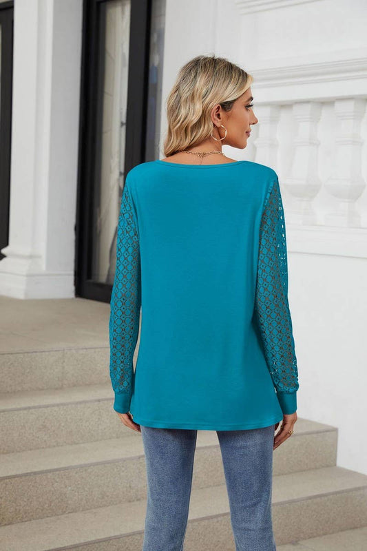 CWTBLL1847_ROUND NECK HOLLOW LACE LONG SLEEVE CASUAL TOP