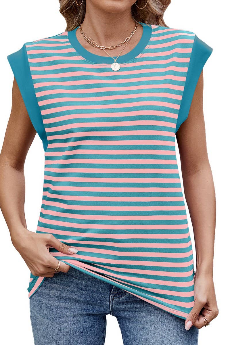 CWTTSL0320_SUMMER STRIPED ROUND NECK SHORT SLEEVE T-SHIRT