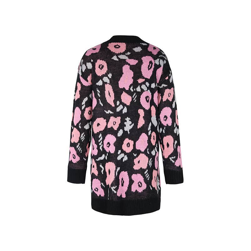 Contrast color flower jacquard long cardigan