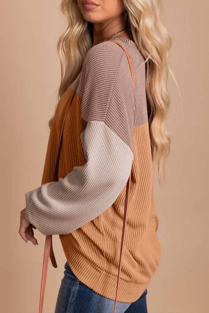 CWTBLL1828_ROUND NECK TWISTED STRIPE COLOR BLOCK LOOSE TOP