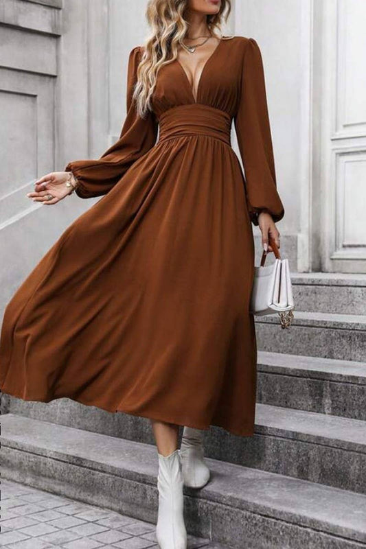 ELEGANT V-NECK PUFFED SLEEVE WAIST SLIT DRESS