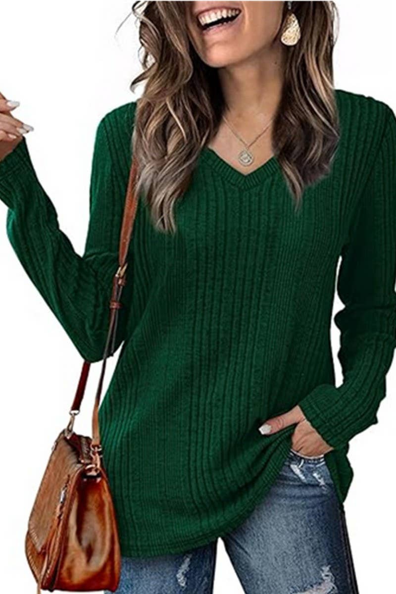 CWOSWL6559_V-NECK SOLID COLOR LONG-SLEEVED KNITTED SWEATER