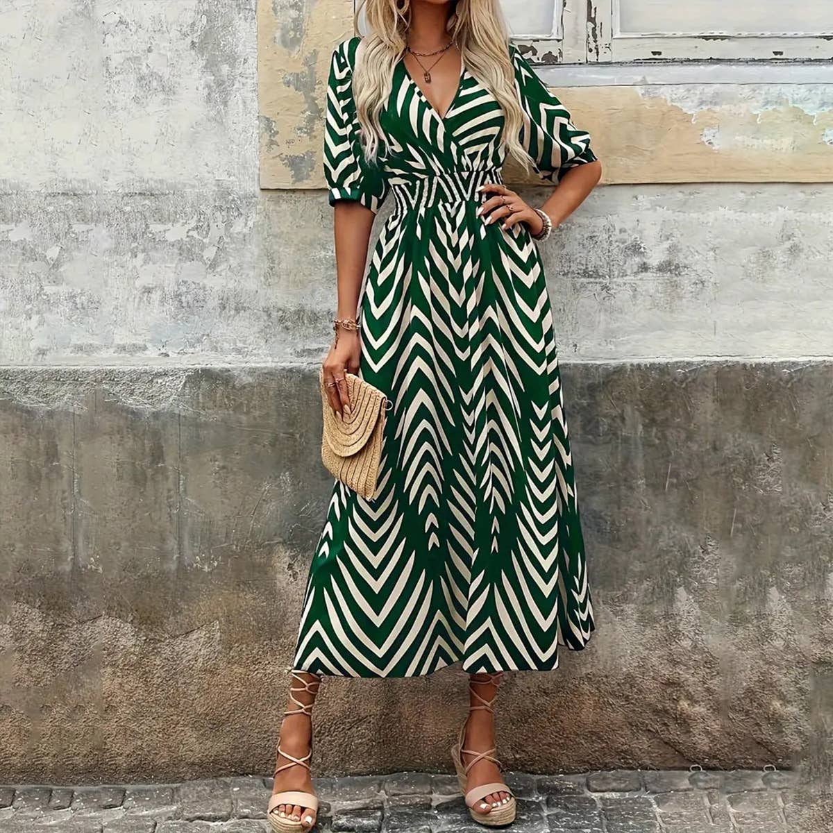 elegant printed tie-dyed large-sleeved dress