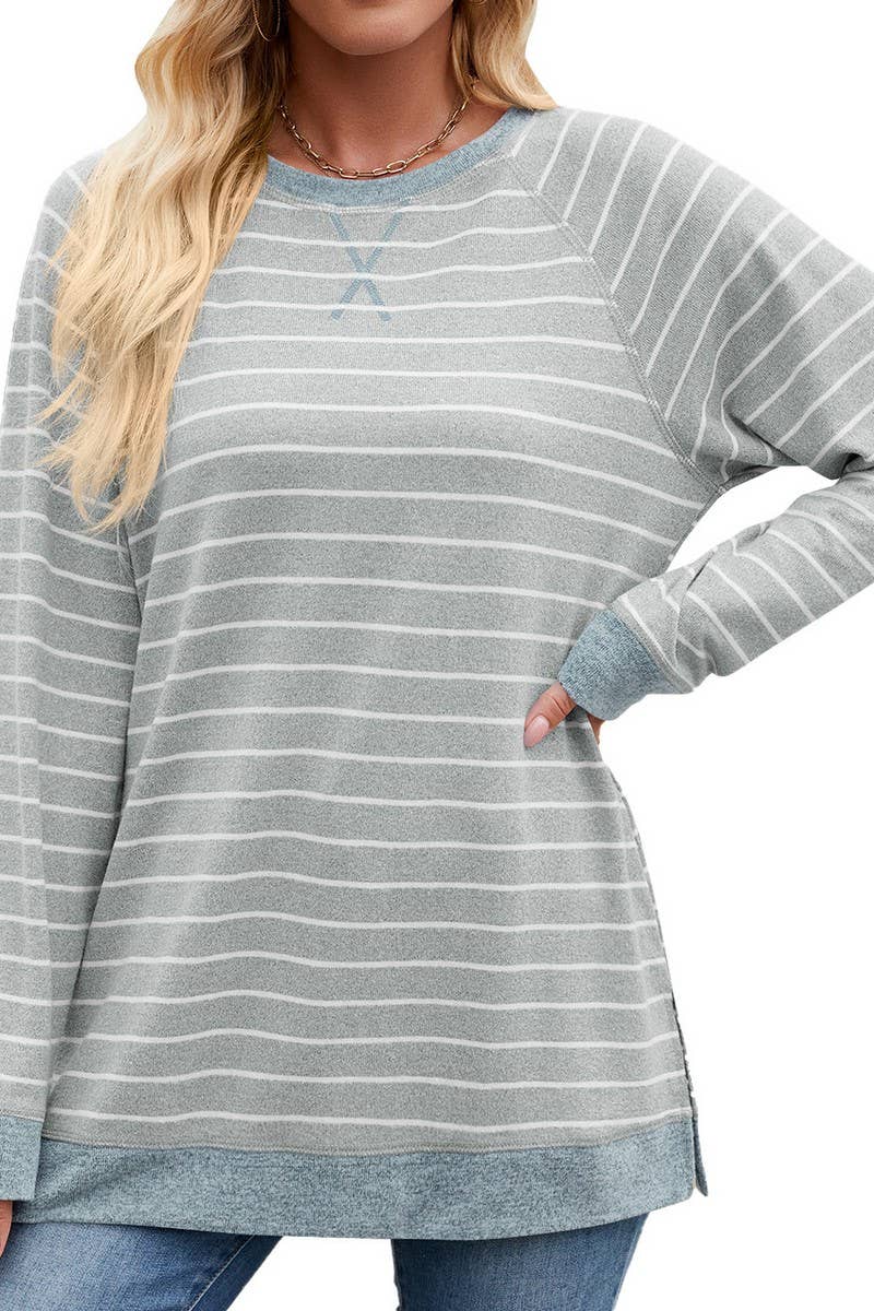 CWTBLL3663_STRIPED PATCHWORK ROUND NECK LONG SLEEVED T-SHIRT