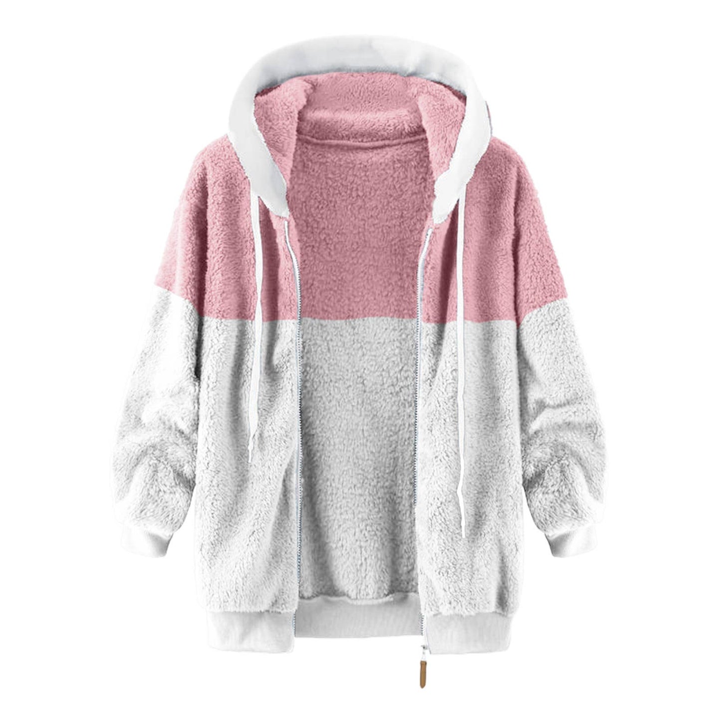 Fleece patchwork zipper pocket hooded loose jacket