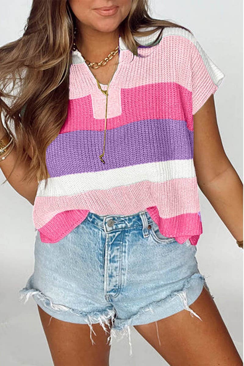 CWOSWS0141_COLORBLOCK U-NECK DOPAMINE KNIT TOP