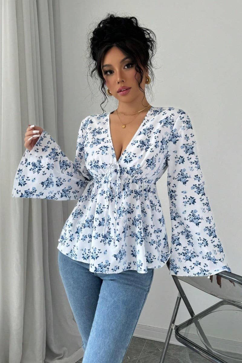 CWTBLL01068_V NECK FLORAL PRINT HIGH WAIST BLOUSE