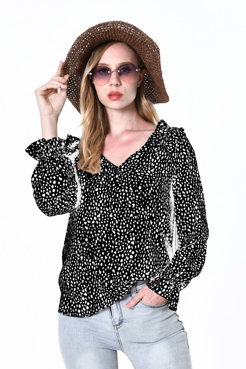 CWTBLL2485_V-NECK LEOPARD PRINT LONG-SLEEVED TOP