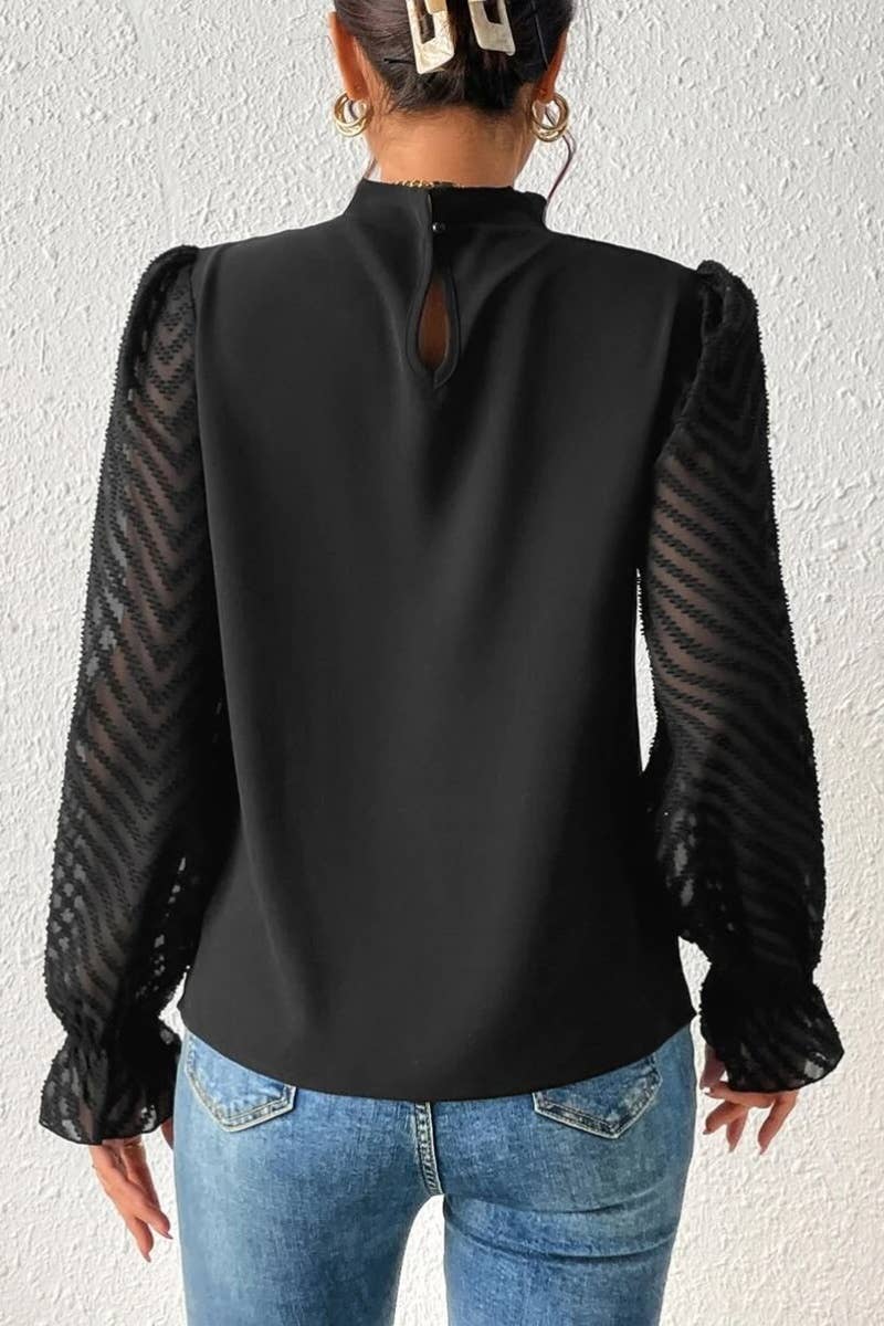 CWTBLL2546_FALL TURTLENECK MESH PATCHWORK LONG SLEEVE TOP