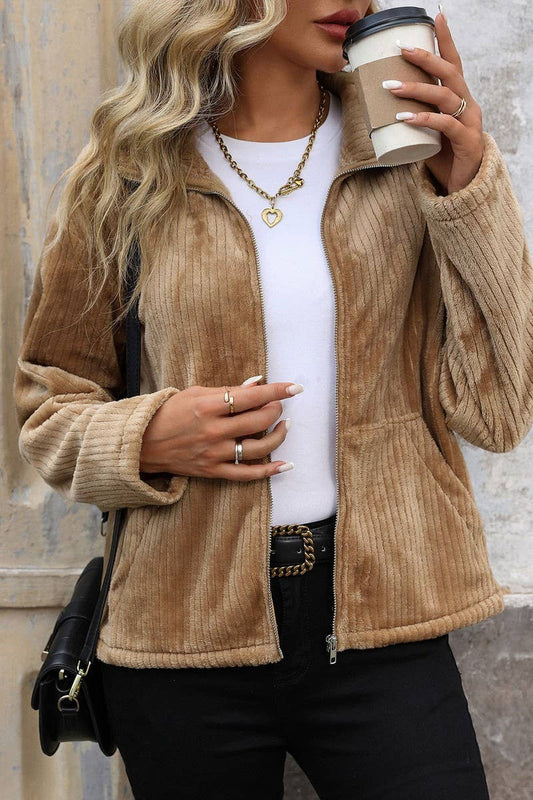 CWOJA1218_LAPEL PLUSH POCKET ZIPPER SOLID COLOR JACKET