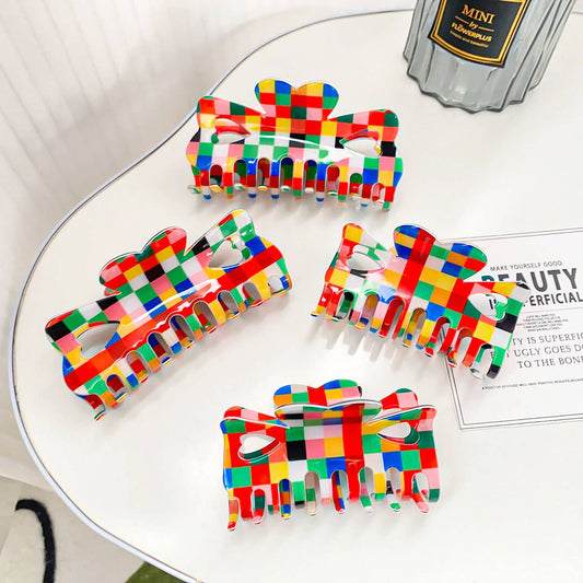 Retro Style Large Hair Claw, Color Check Print_CWAHA0402