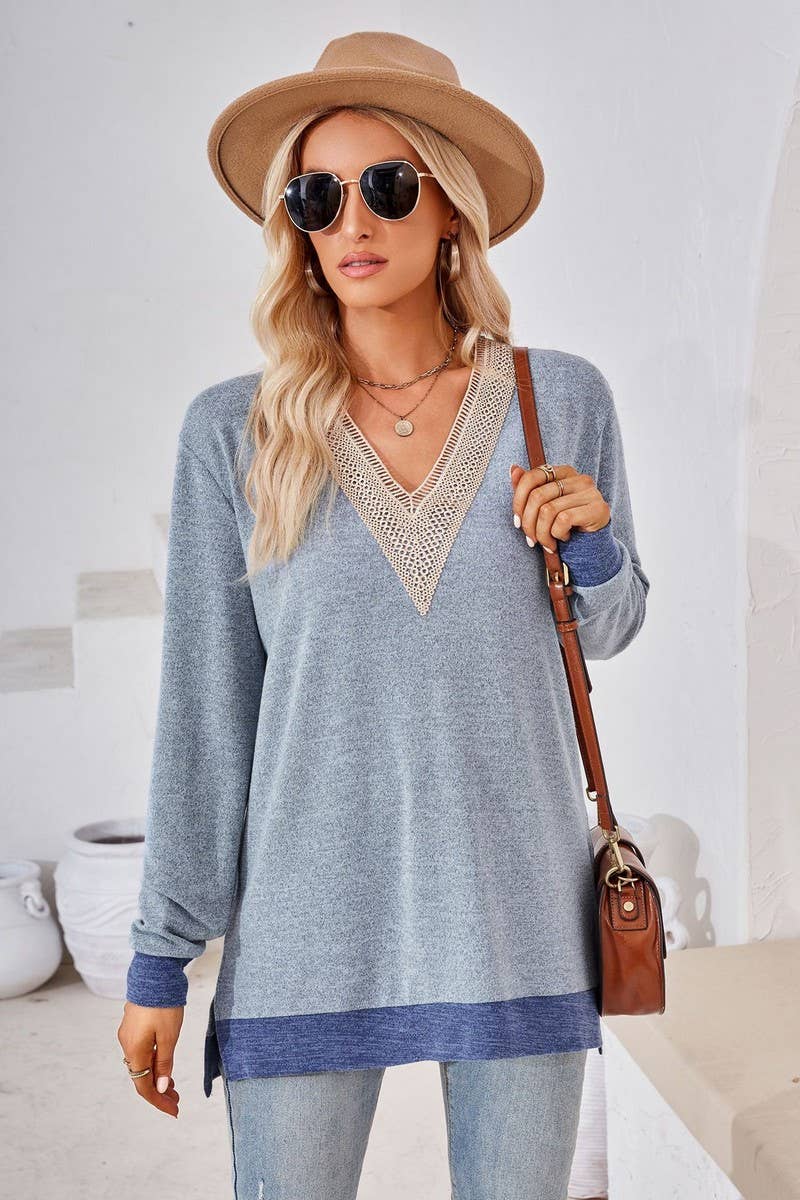 CWTBLL3660_AUTUMN NEW V-NECK LACE SOLID COLOR LOOSE T-SHIRT