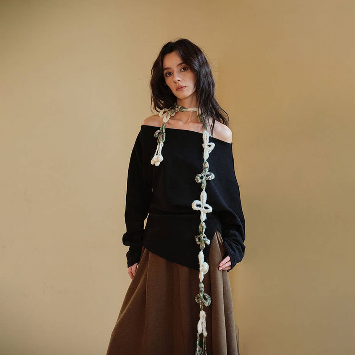 Floral Knit Skinny Scarf - Crochet Neck Wrap