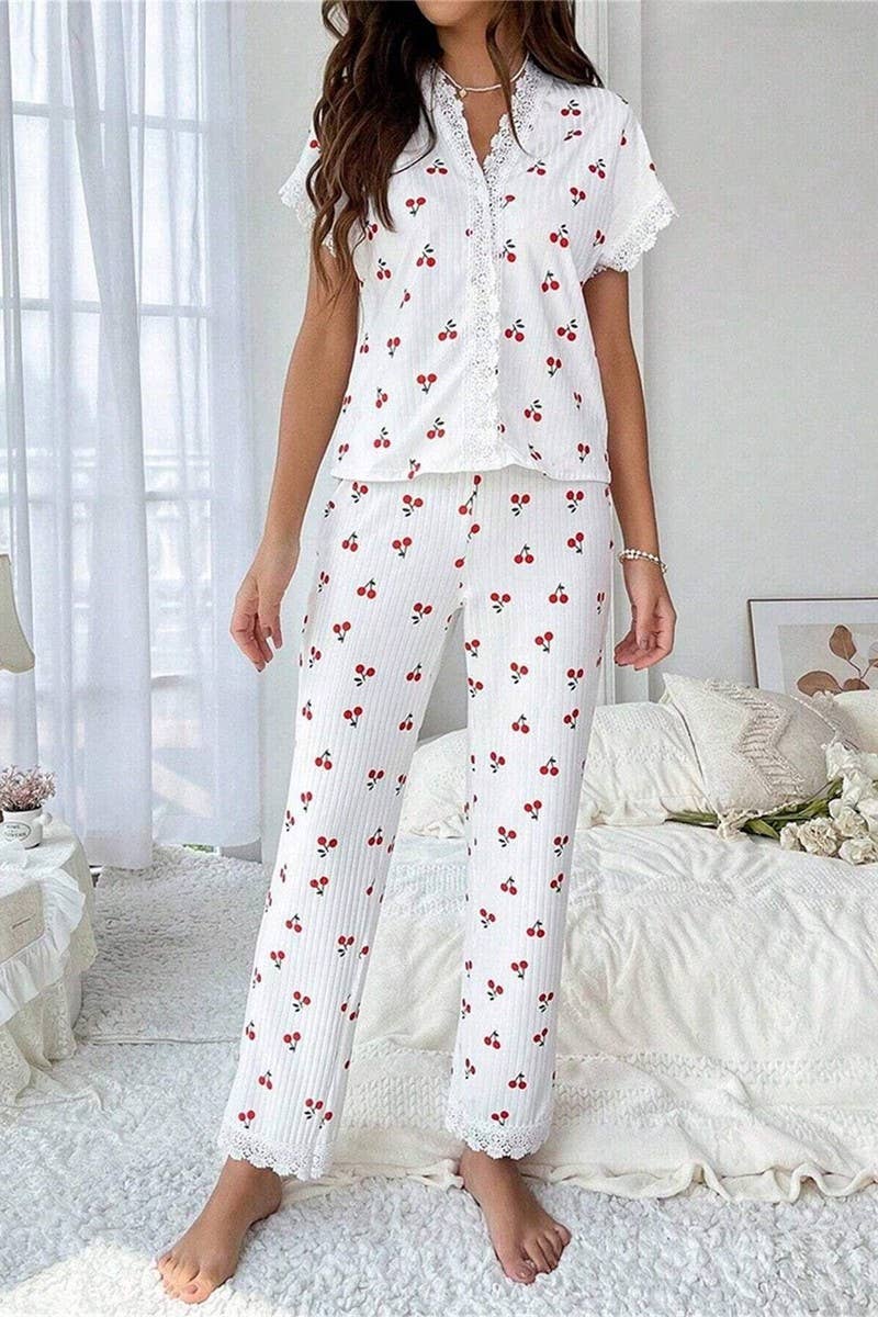 CWSPJ00468_CHERRY PRINT LACE TRIM SHORT SLEEVE PAJAMA SET