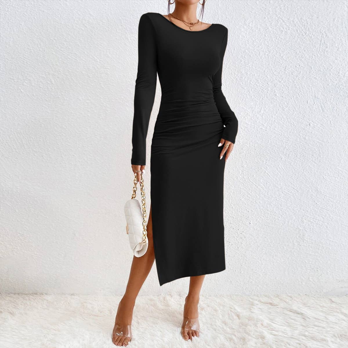 BACKLESS ROUND NECK DRESS WITH HIP WRAP