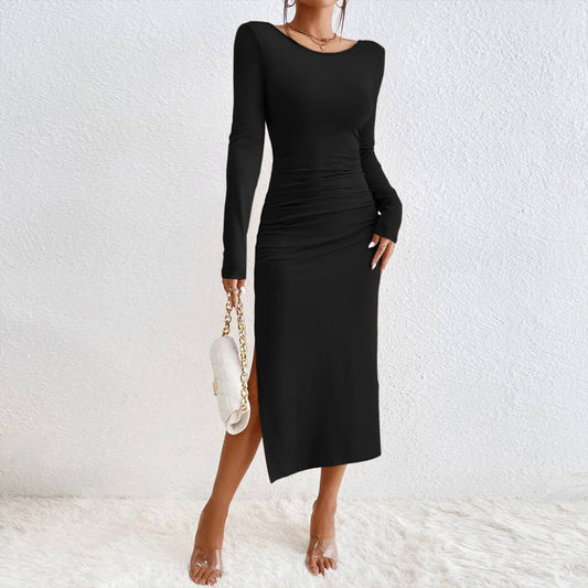 BACKLESS ROUND NECK DRESS WITH HIP WRAP
