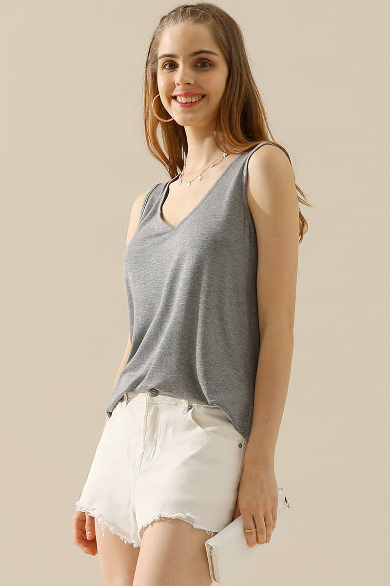 CWTTSL168_V NECK WIDE SLEEVELESS SOLID TEE SHIRTS TOPS