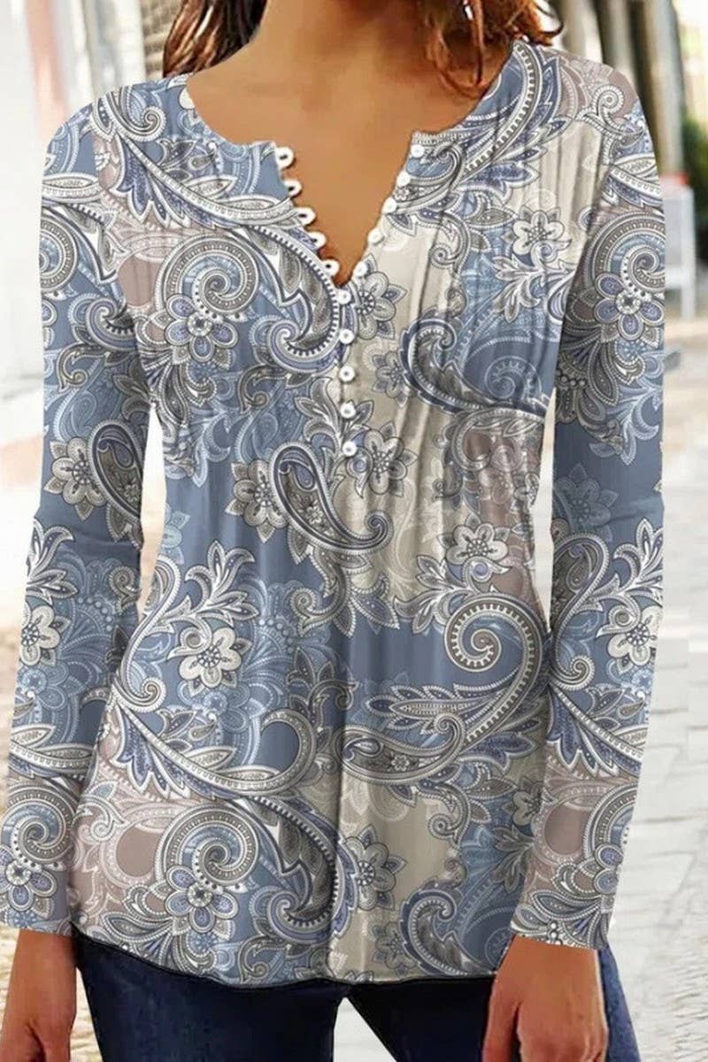 CWTTS1452_SPRING AND SUMMER V-NECK FLORAL BOTTOMING SHIRT