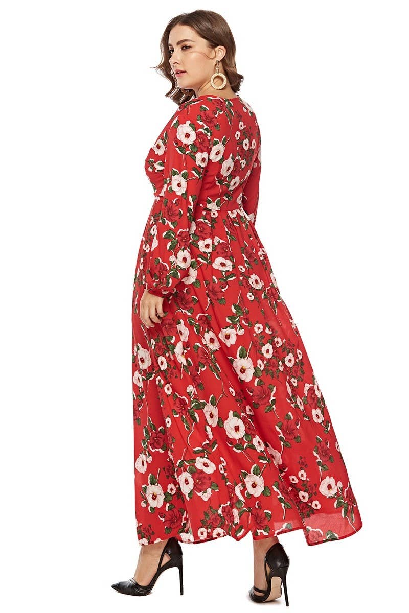 CWDMD3235_PLUS SIZE V NECK LONG SLEEVE PRINTED DRESS