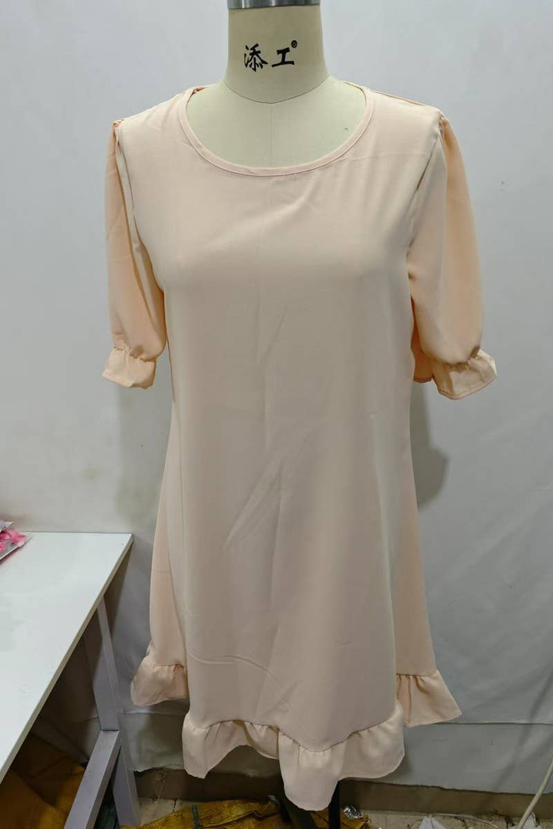 CWDSD10874_VINTAGE COTTON LINEN SHORT SLEEVE SWING DRESS