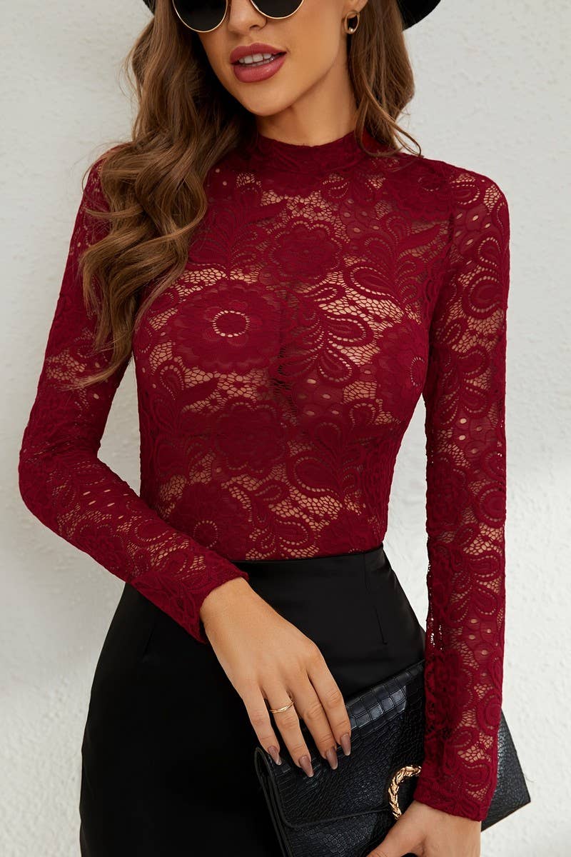 CWTBLL3524_LACE STAND COLLAR LONG SLEEVE BOTTOMING TOP