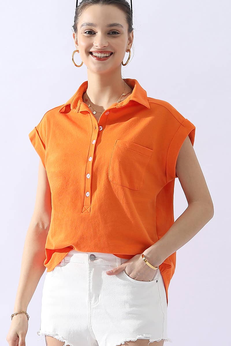 CWTTS698_JOHNNY COLLARS BUTTON CLOSER SHORT SLEEVE TOP