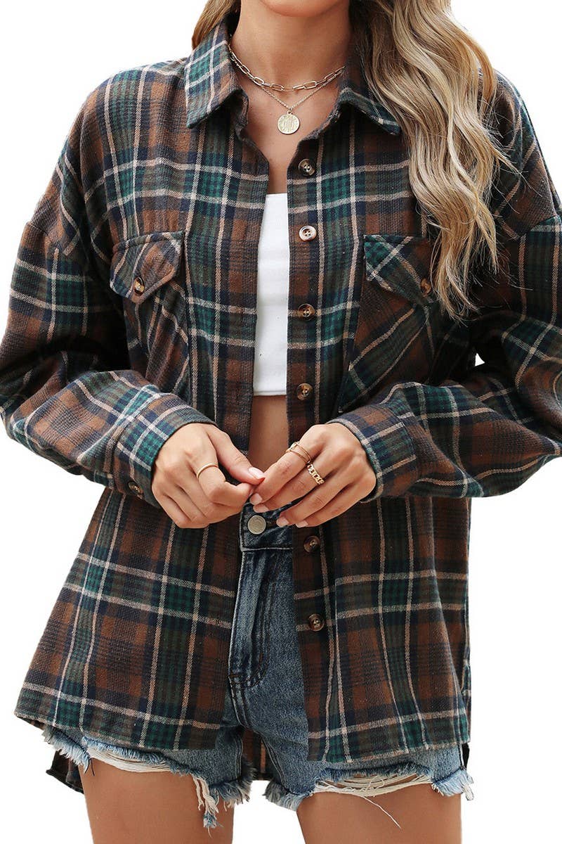 CWTSTL1304_LAPEL POCKET LOOSE LONG SLEEVE PLAID SHIRT