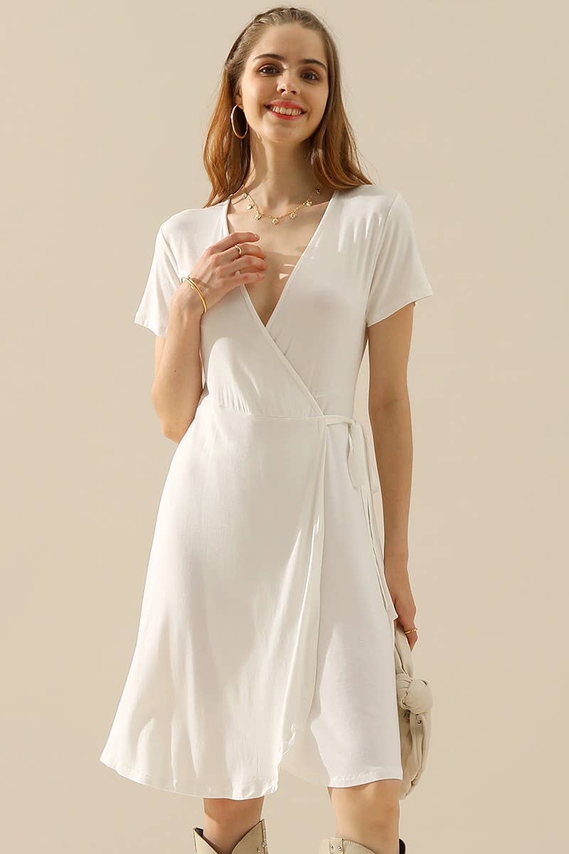 CWDSD10372_V NECK CASUALSHORT SLEEVE WRAP DRESSES