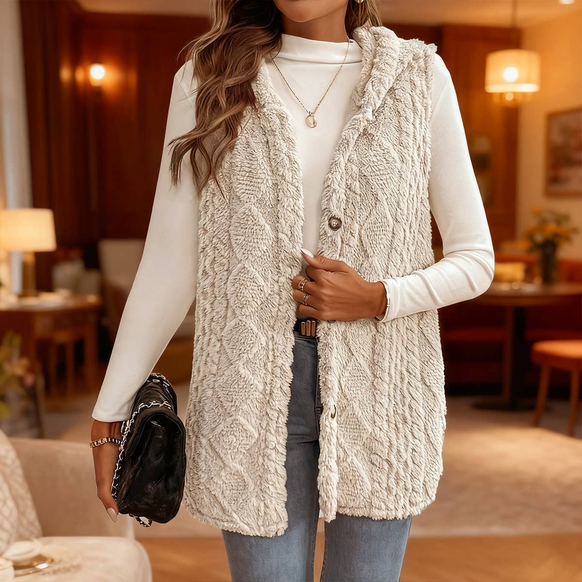 Double-sided ringed plush sleeveless hooded coat