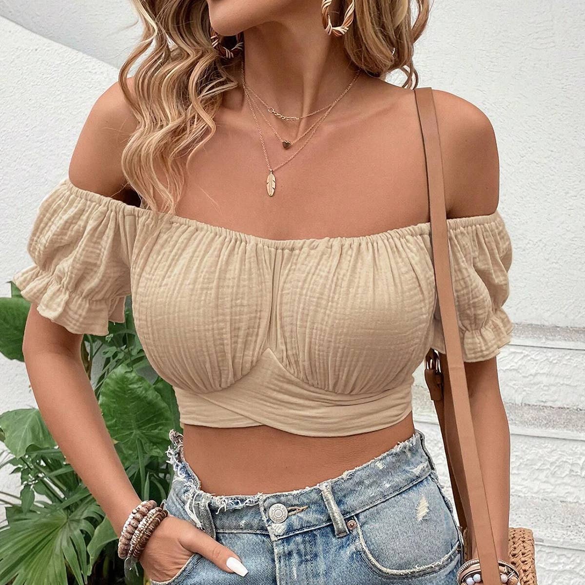 Elegant Off-Shoulder Tie Waist Puff Sleeve Top