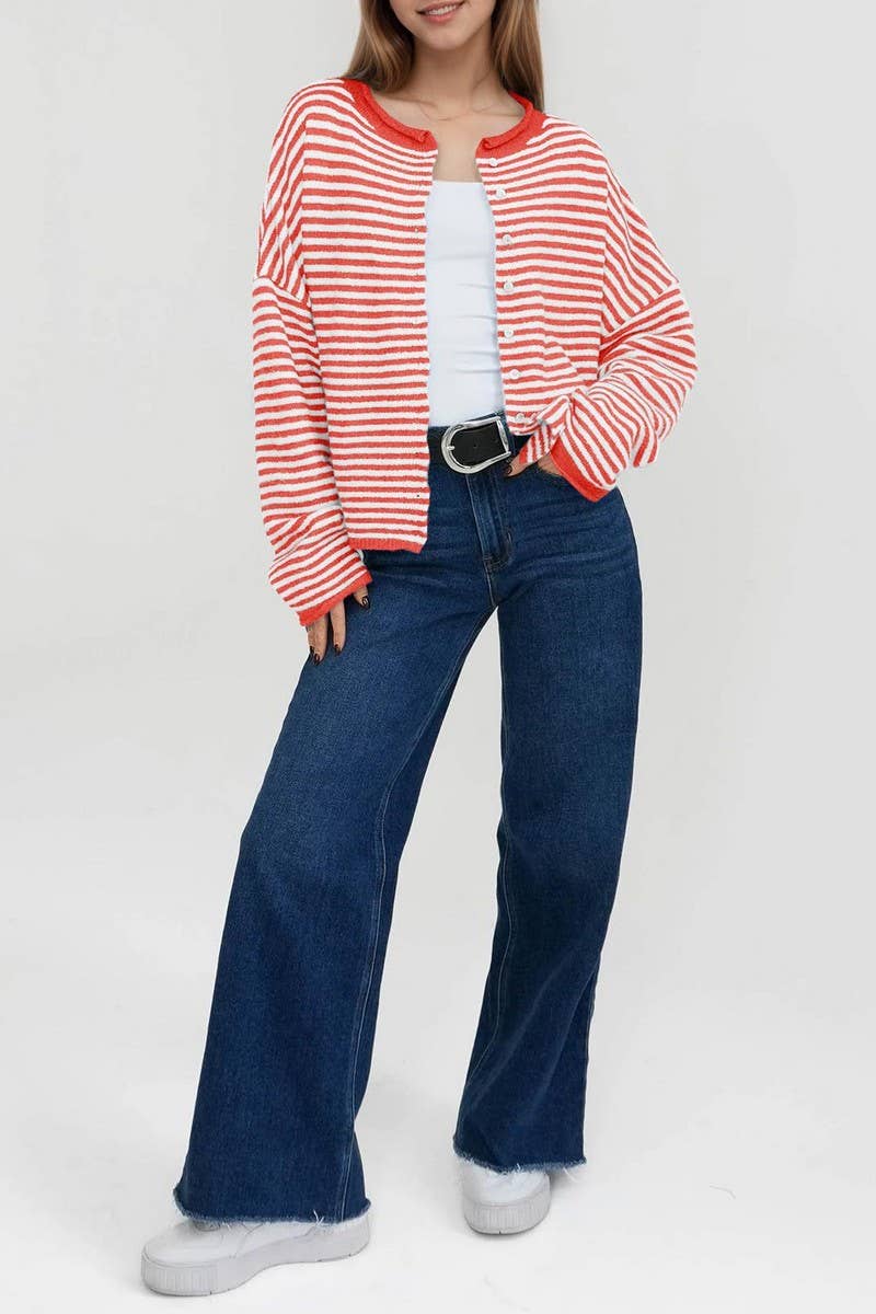 CWOCAL00609_STRIPED COLORBLOCK LONG SLEEVE CARDIGAN SWEATER