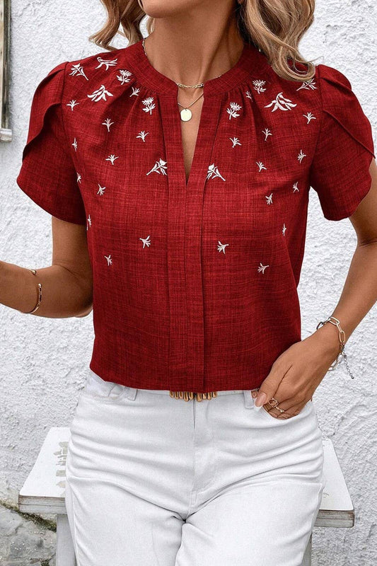 CWTTS1389_SUMMER SOLID COLOR HALF OPEN COLLAR PRINTED TOP