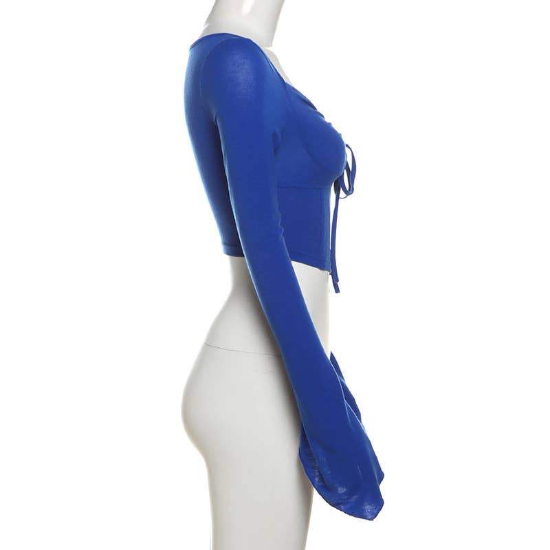 CROP SLEEVES DRAWSTRING PLEATS SOLID COLOR BLOUSE