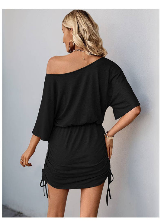 Casual off-the-shoulder drawstring short dress