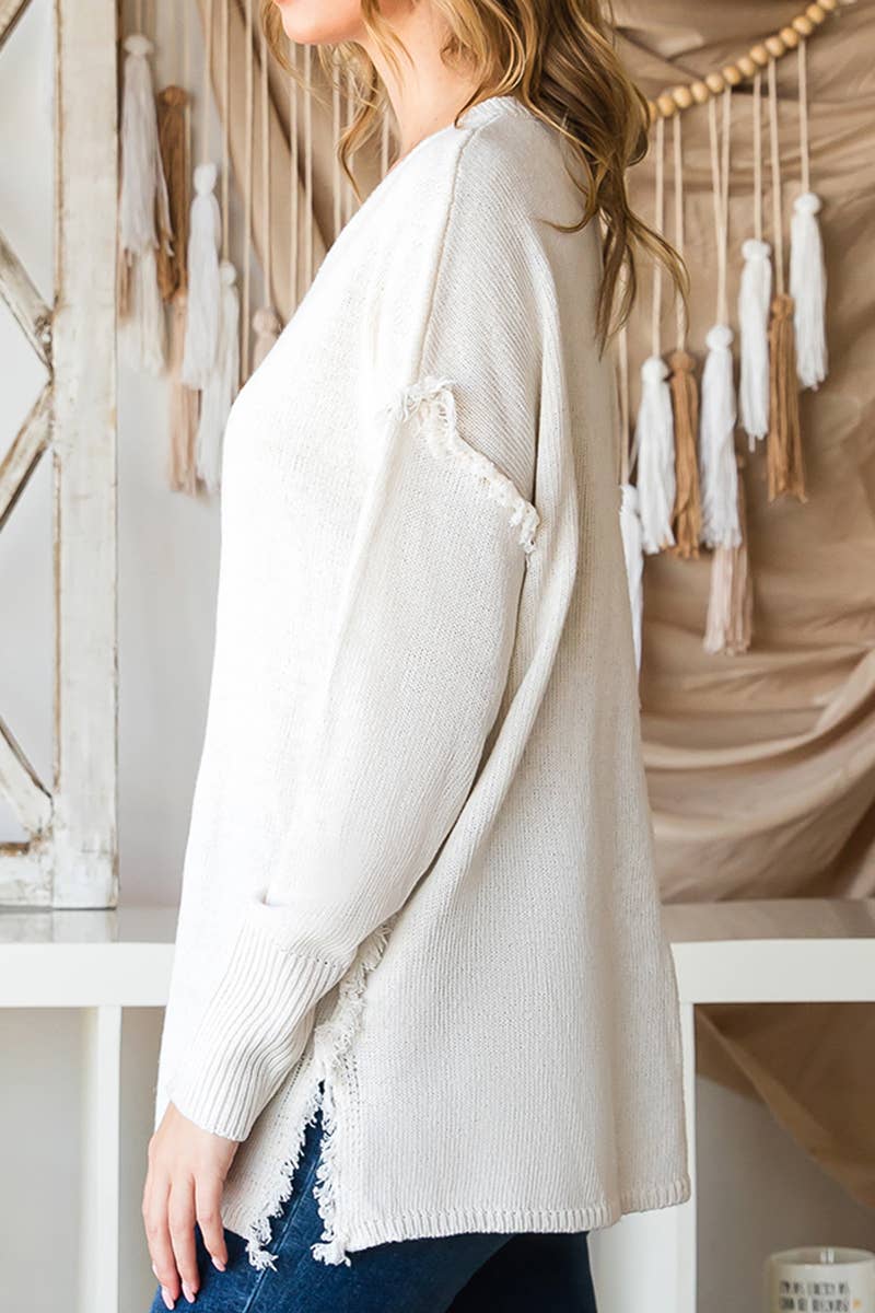 CWOSWL646_BUTTON DOWN FRINGE SHOULDER SWEATER KNIT TOP