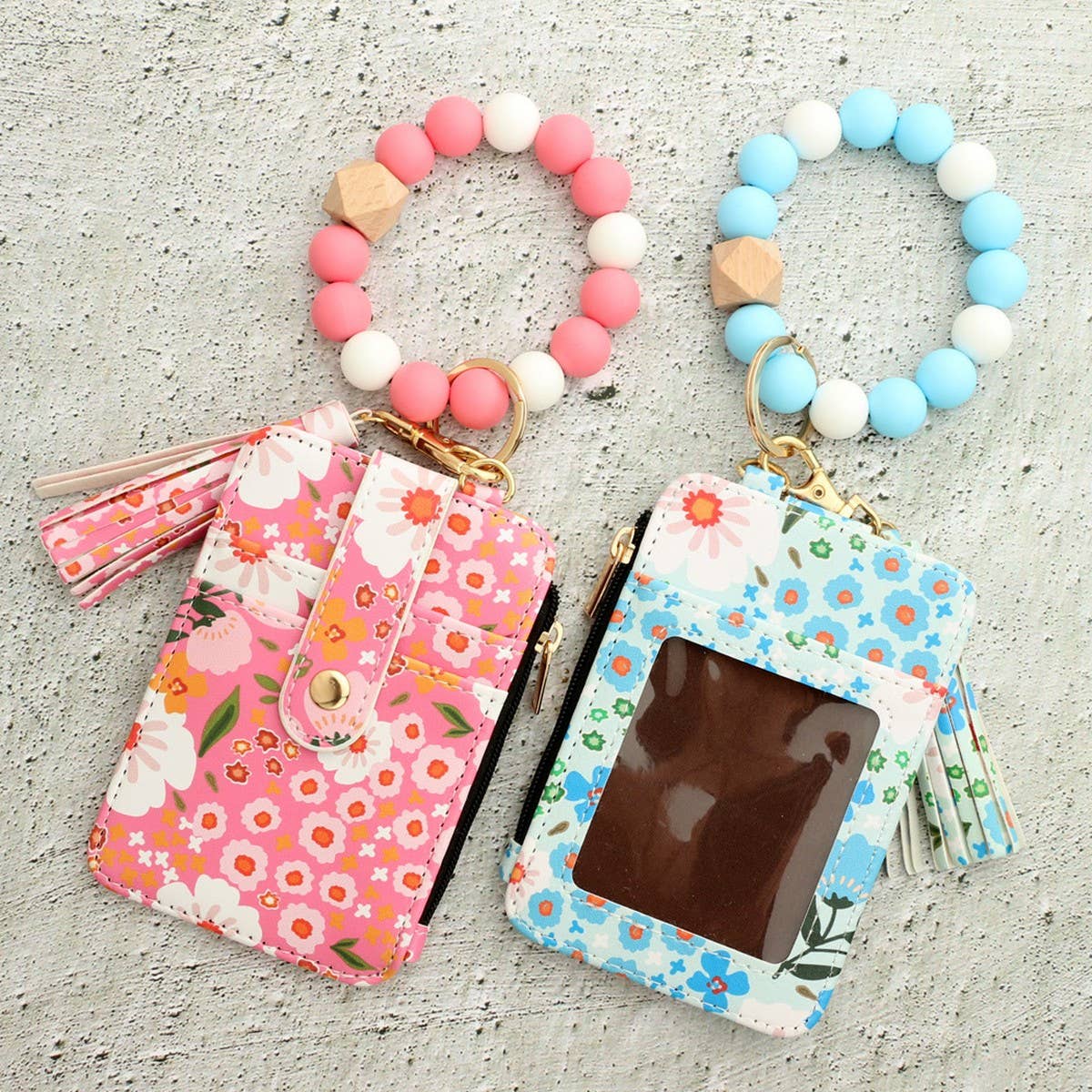 Floral Print PU Wallet with Silicone Bead Keychain_CWAB4930