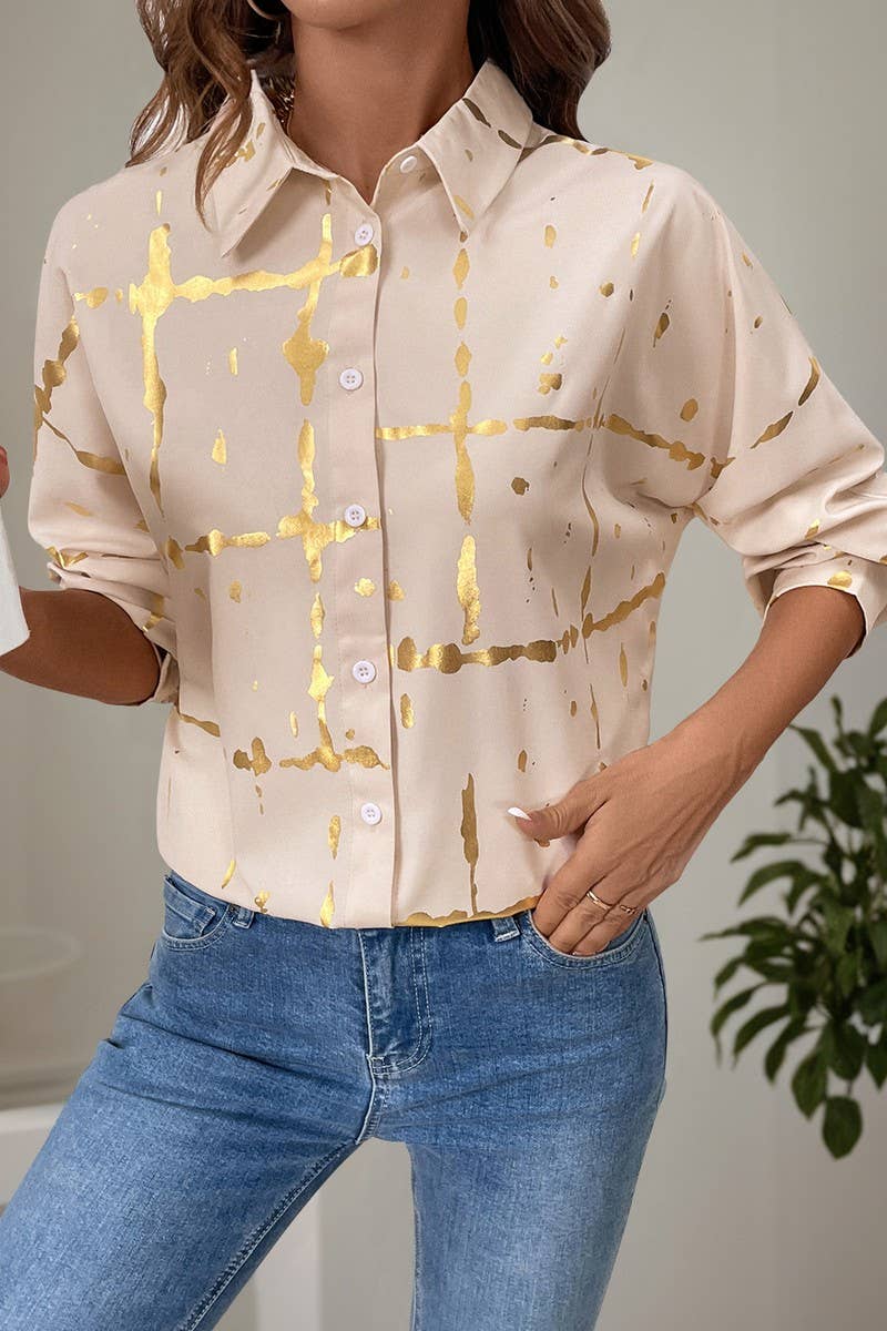 CWTSTL1869_LOOSE LONG-SLEEVED LAPEL GOLD-STAMPED SHIRT
