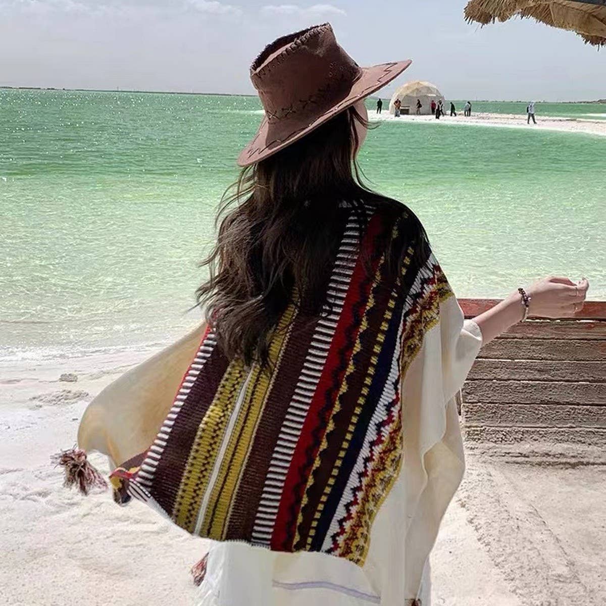 CWASC1796_BOHEMIAN FRINGE CAPE KNITTED ETHNIC STYLE SHAWL