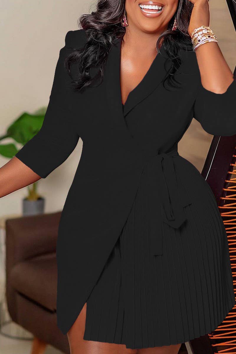 CWDSD3574_PLUS SIZE SUIT COLLAR STRAPPED PLEATED SHORT DRESS