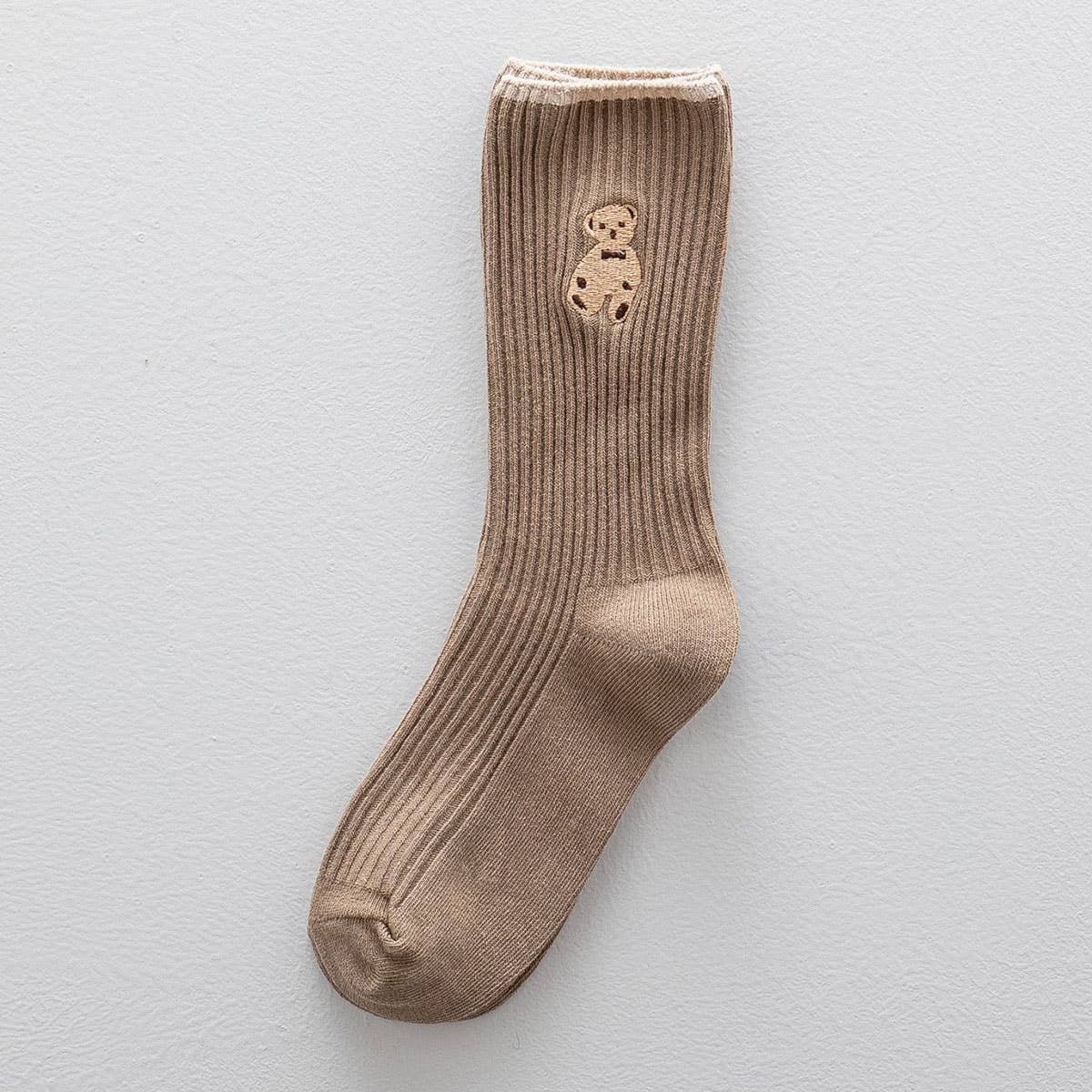 Brown Bear Embroidery Cotton Crew socks_CWMS1352