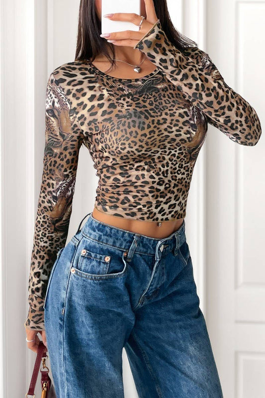 CWTBLL4069_VINTAGE LEOPARD FITTED CREWNECK LONG SLEEVE TEE