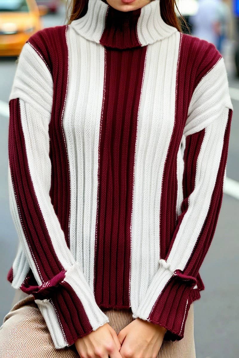 CWOSWL07083_STRIPED KNITTED HIGH-NECK LONG-SLEEVED SWEATER