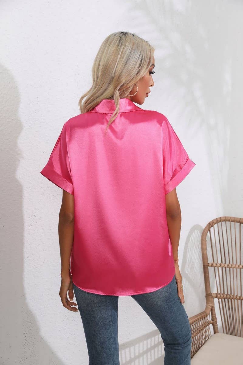CWTBLS0406_Button Down Silky Satin Short Sleeve Top