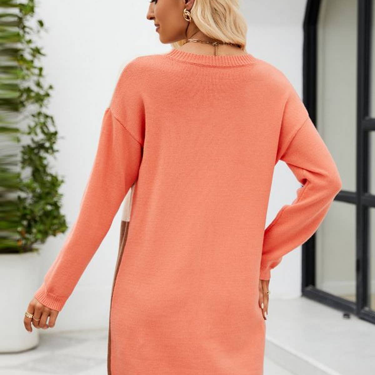 Crew-neck patchwork color contrast knit dress