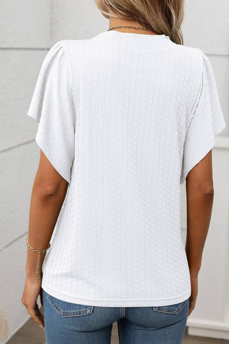 CWTBLS1718_SOLID COLOR ROUND NECK RUFFLE SLEEVE TOP