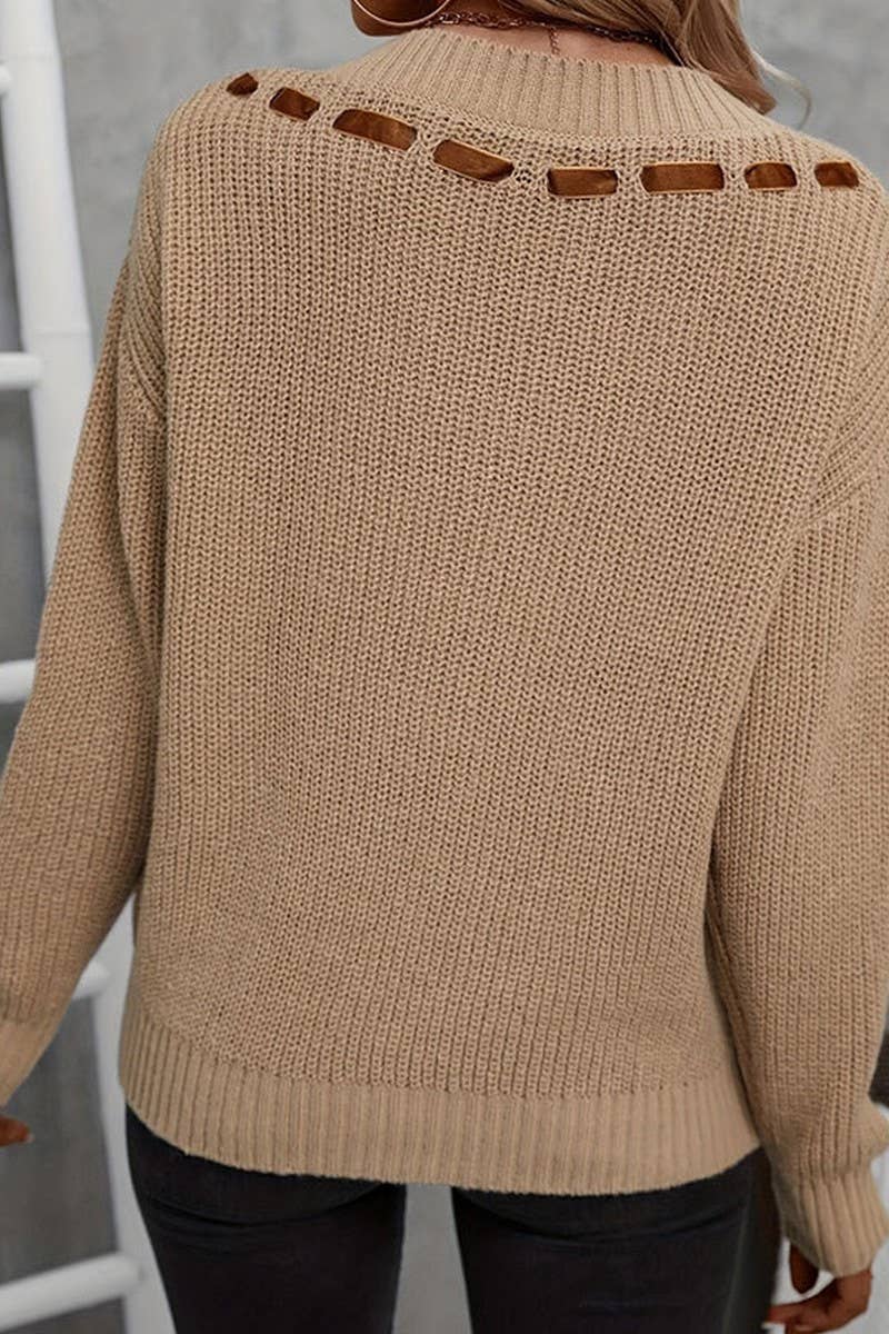 CWOSWL5804_V-NECK BOW LOOSE PULLOVER KNIT TOP